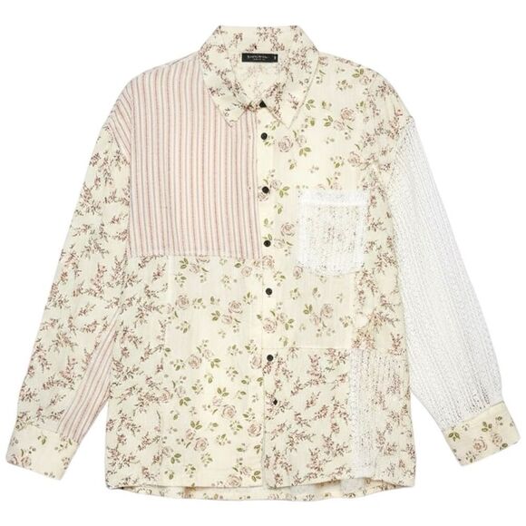 POL Oversized Shirt Lace Patchwork Floral Button-Up Long Sleeve Boho Large NEW - Picture 5 of 5
